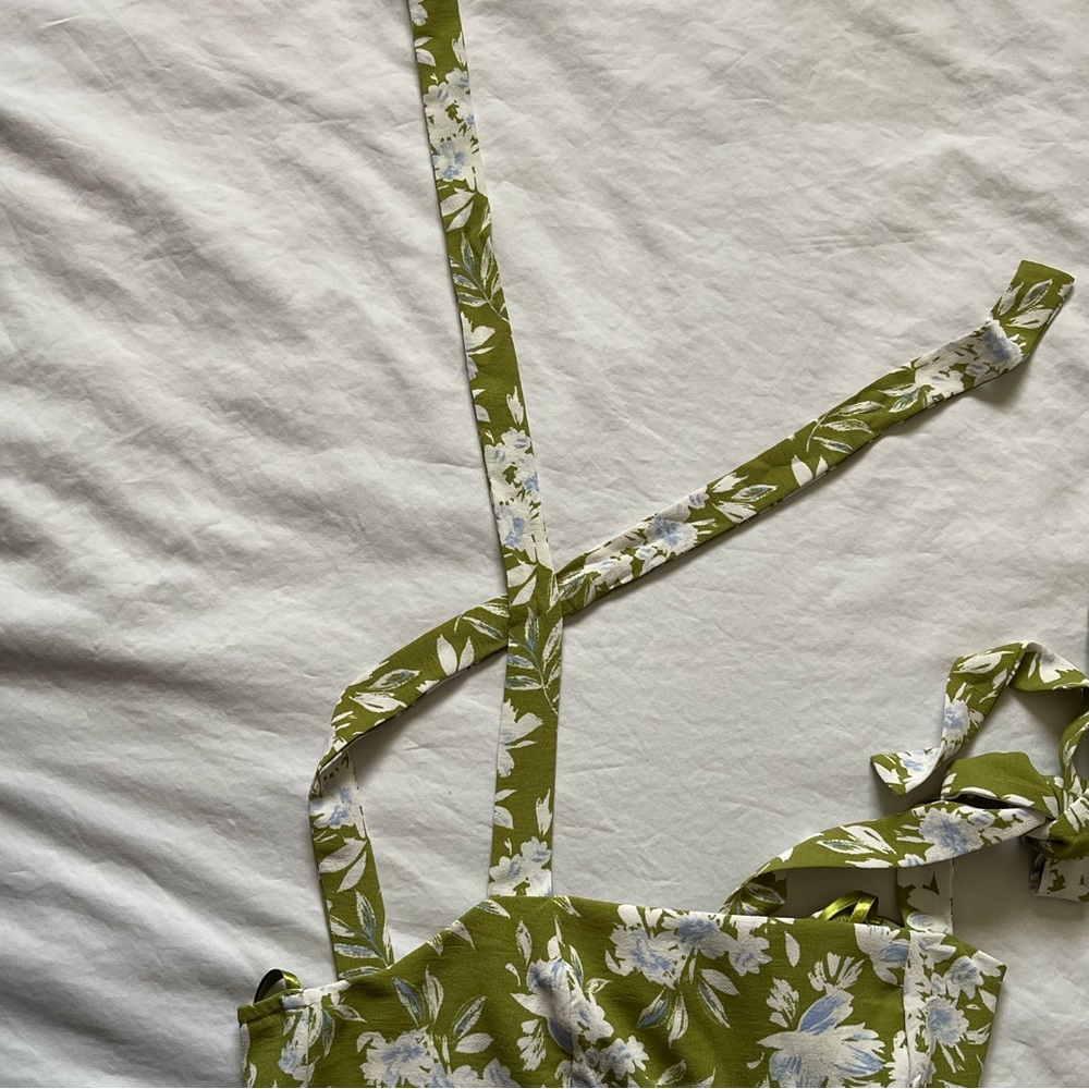 Monteau Women’s Dress Green White Floral Smocked Midi Spring Summer Easter Flowy - Picture 15 of 16